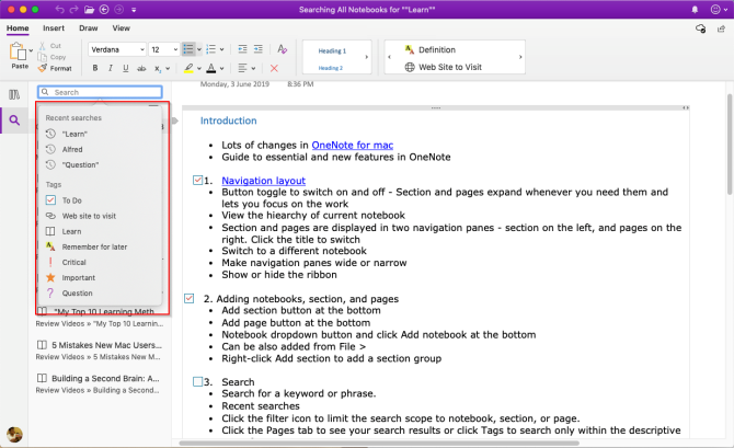 Durchsuchen von Notizen in OneNote Mac