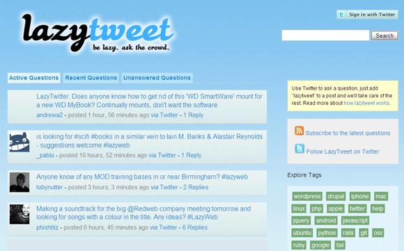 6 Twitter Web Apps zum Stellen von Fragen aus einer Twitter-Crowd lazytweet