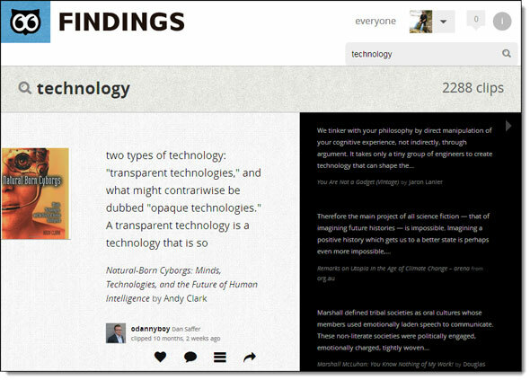 Erfassen, organisieren und teilen Sie Ihre gelesenen Clips aus dem Internet oder Amazon Kindle mit Findings findiings08
