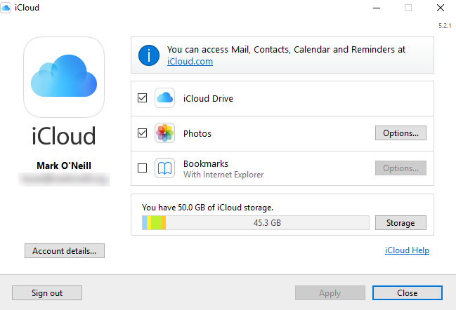 Screenshot der Einstellungen der iCloud-Systemsteuerung