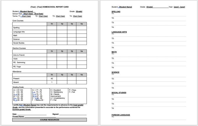 Homeschool Report Card Dokumentvorlage