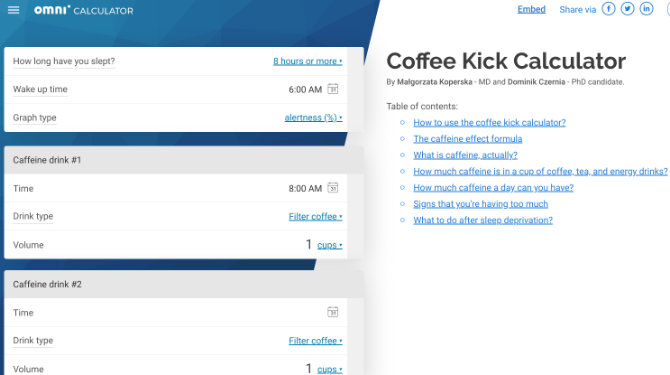 Coffee Kick von Omnicalculator zeigt Ihnen, wann Sie aufgrund des Kaffeekonsums und des Schlafplans am aufmerksamsten sind