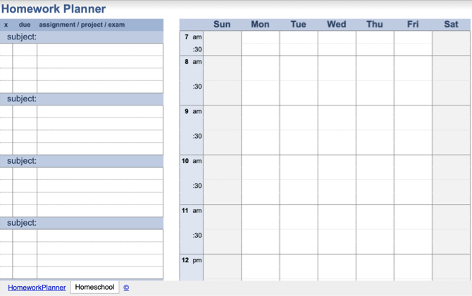 Homeschool Homework Planner Tabellenvorlage