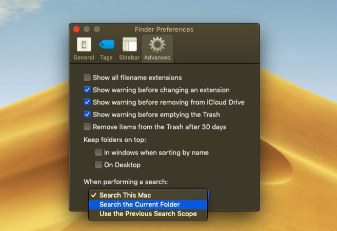 Festlegen benutzerdefinierter Suchoptionen im macOS Finder