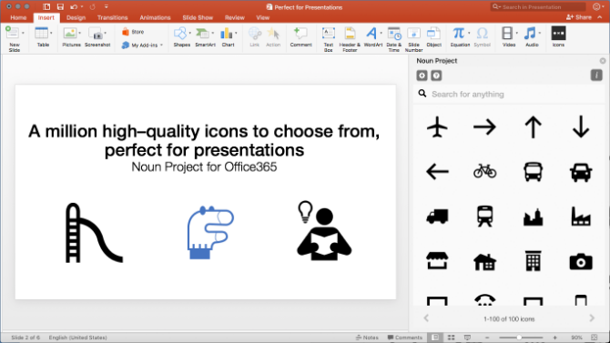 Das Noun Project-Add-In für Powerpoint bietet kostenlose Symbole und Emojis