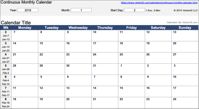 Kontinuierliche monatliche Kalender-Excel-Vorlage