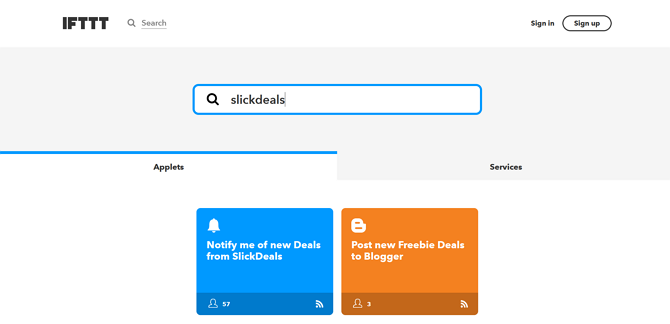 Ergebnisse der IFTTT-Applet-Suchseite für SlickDeals