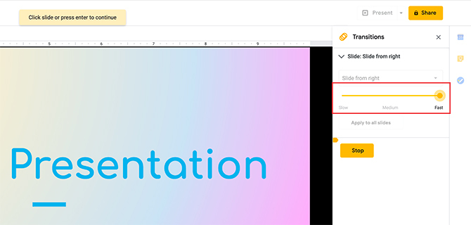 Übergänge in Google Slides erstellen Geschwindigkeit anpassen