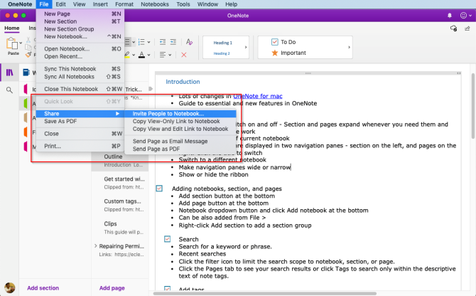 Teilen und Zusammenarbeit in OneNote Mac