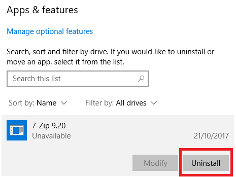 Deinstallieren Sie Windows 10 Apps & Features
