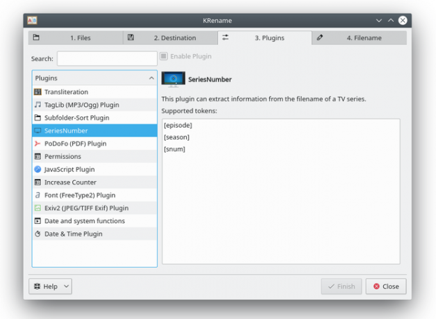 Die KRename-Datei-Umbenennungs-App zeigt verfügbare Plugins an