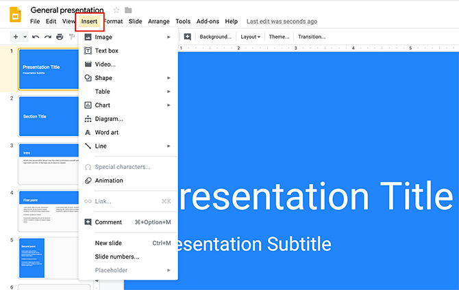 So erstellen Sie eine Präsentation Google Slides Insert Menu