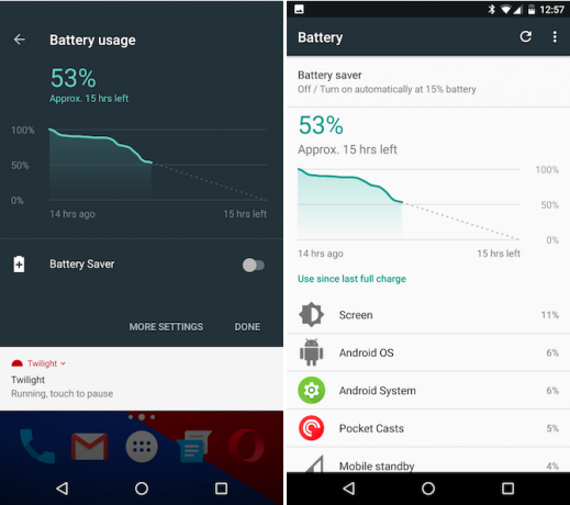 Android Nougat Batterielebensdaueranzeige und Bildschirm