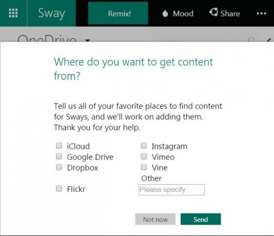 Microsoft Sway importiert Datenoptionen