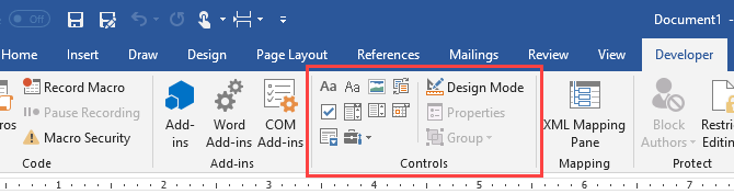 Steuerungsabschnitt auf der Registerkarte Entwickler in Microsoft Word