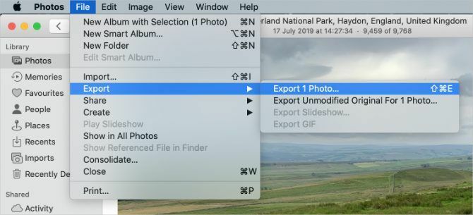 Option Foto exportieren in Fotos auf Mac