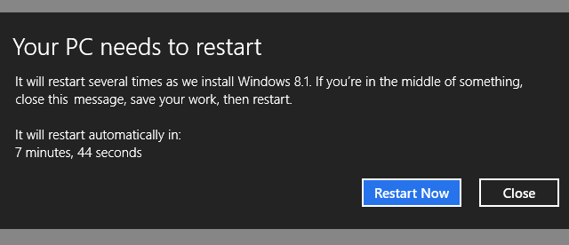 Windows 8.1. Installation Neustart