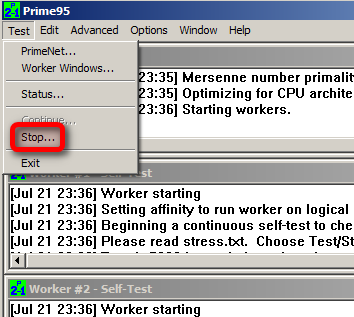 Stoppen Sie den Stresstest in Prime95