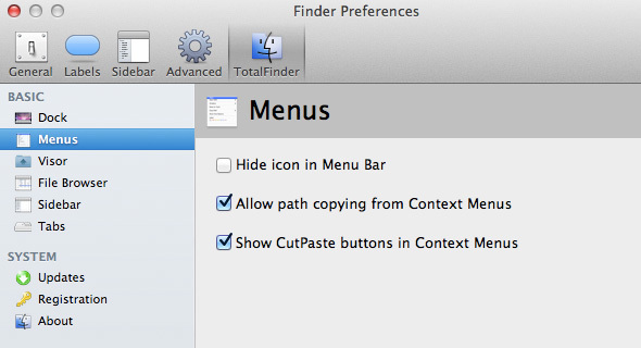 Totalfinder-Einstellungen-Menüs