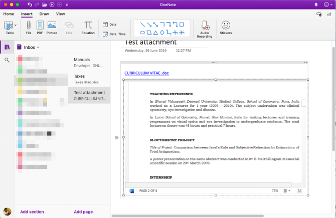 Anhängen einer Word-Datei in OneNote