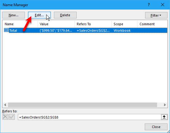 Klicken Sie im Dialogfeld Name Manager auf Bearbeiten