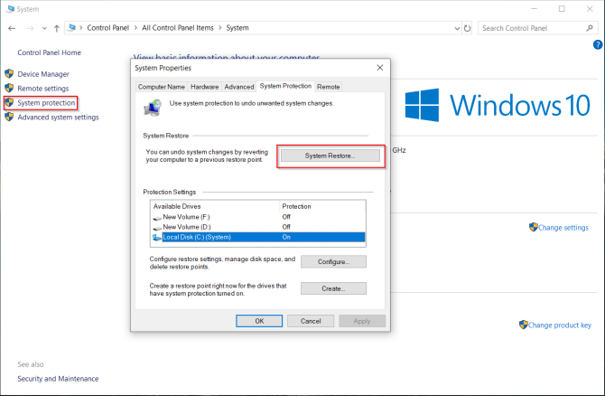 Erstellen Sie einen Wiederherstellungspunkt in Windows 10