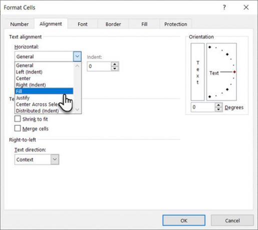 Wählen Sie in Excel im Dialogfeld Zellen formatieren unter Horizontal die Option Füllen aus