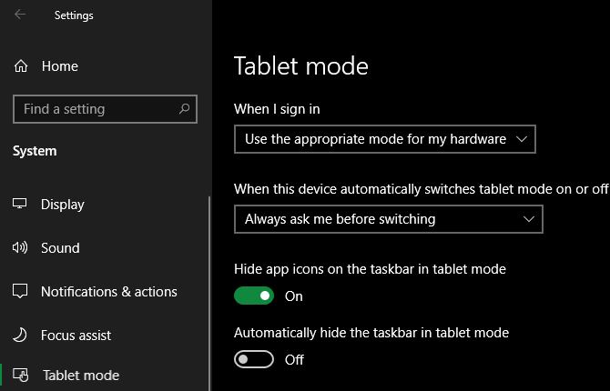 Windows 10 Tablet-Modusoptionen