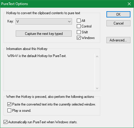 PureText Windows-Optionen