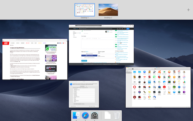 Mission Control-Ansicht, in der alle aktiven Apps und Desktops unter macOS angezeigt werden