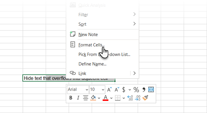 Wählen Sie Zellen formatieren, um Überlauftext in Excel auszublenden