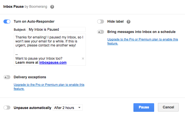 Machen Sie Google Mail weniger ablenkend, indem Sie eingehende E-Mails für eine gewisse Zeit anhalten. Bumerang Pause 2