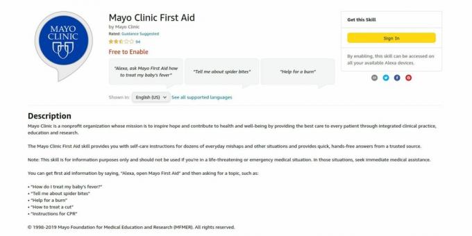 Screenshot der Mayo Clinic First Aid Alexa Skill-Webseite