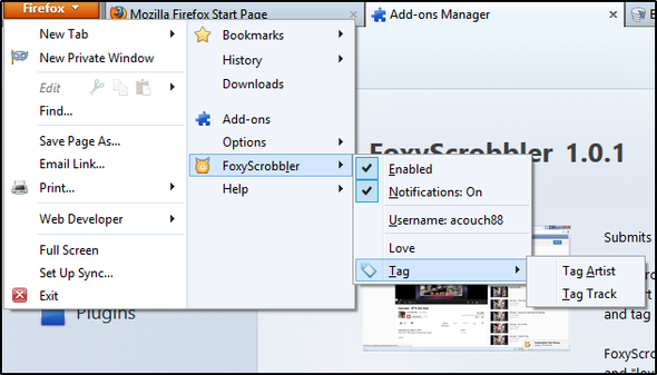 Verbessern Sie Pandora mit diesen Chrome & Firefox Browser-Add-Ons FoxyScrobbler-Menü