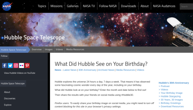 Was hat das Hubble-Teleskop an Ihrem Geburtstag gesehen? Auf der Mini-Site der NASA finden Sie eine galaktische Geburtstagsfeier