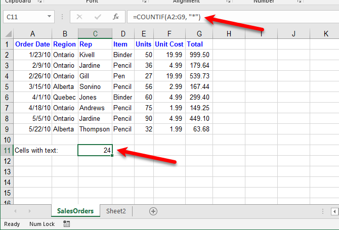 Excel-Textfunktionen - Zählen Sie Zellen mit einem beliebigen Text