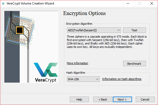 Verschlüsselungsalgorithmus des veracrypt-Assistenten zur Erstellung von Volumes