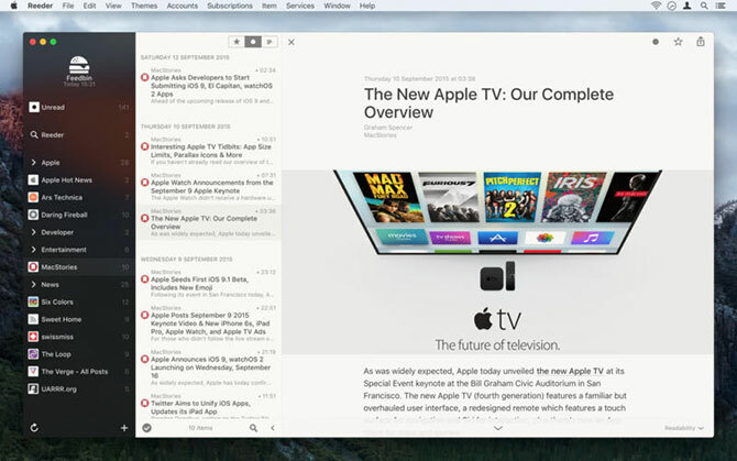 Reeder RSS Reader-Oberfläche auf Mac