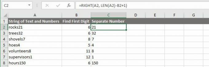 Trennen Sie eine Zahl von der rechten Seite einer Text- und Zahlenfolge in Excel.