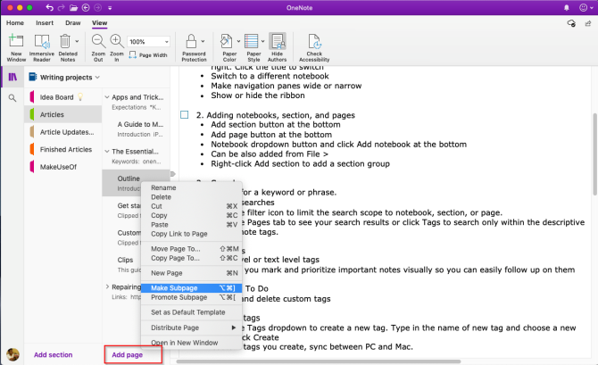 Hinzufügen von Seiten und Erstellen von Unterseiten in OneNote