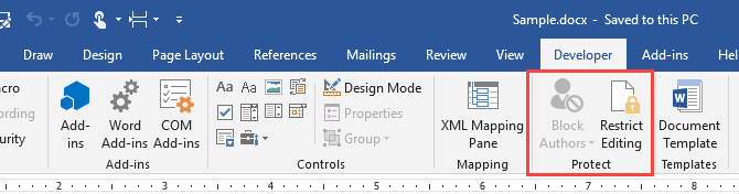 Abschnitt "Schützen" auf der Registerkarte "Entwickler" in Microsoft Word