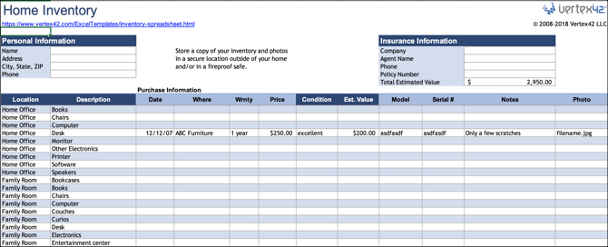 Home Inventory CheckList Excel-Vorlage