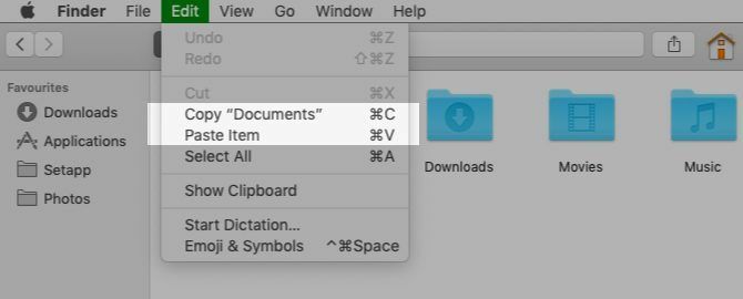 Kopieren und Einfügen von Menüoptionen im Finder auf dem Mac