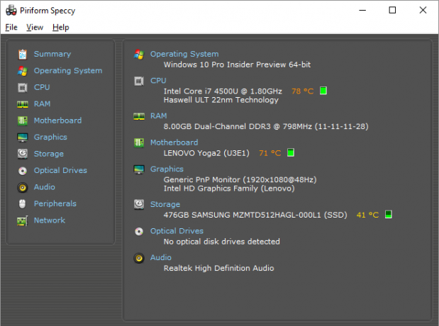 Dies ist eine Bildschirmaufnahme eines der besten Windows-Programme. Es heißt Piriform Speccy