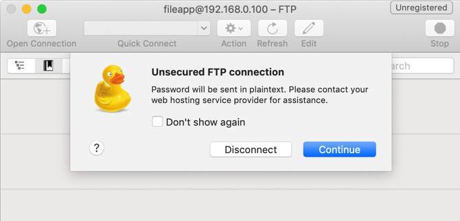 Ungesicherte FTP-Warnung in CyberDuck