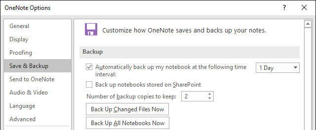 OneNote-Sicherungsoptionen