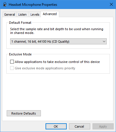 Windows 10 Mic Properties Advanced