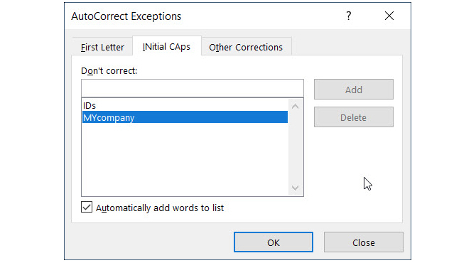 AutoCorrect Exceptions Windows