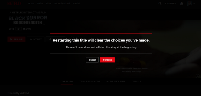 Netflix Black Mirror: Dialogfeld zum Neustart von Bandersnatch