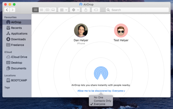 AirDrop im Finder auf Mac mit Sichtbarkeitsoption für alle